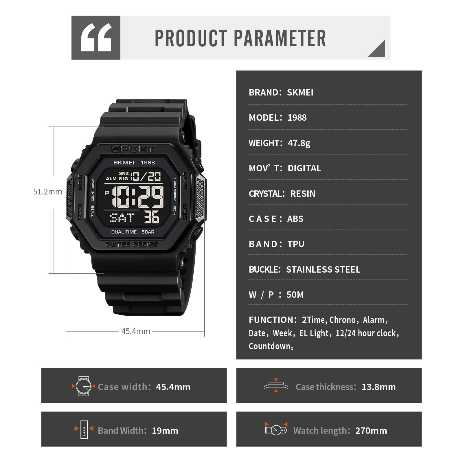 SKMEI 1988 montre de sport numérique pour hommes LED affichage militaire compte à rebours montres ét