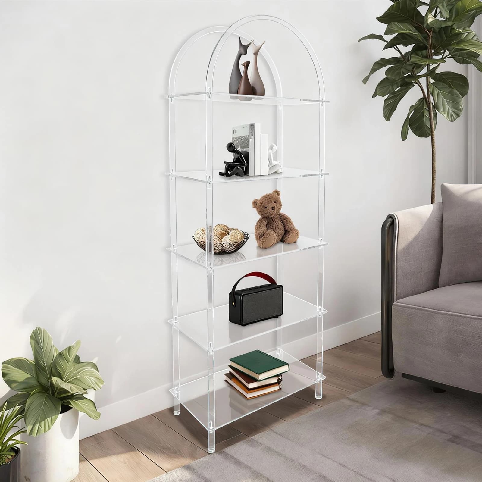 Étagère à livres arquée en acrylique à 5 niveaux, étagère de rangement transparente, étagères à livr