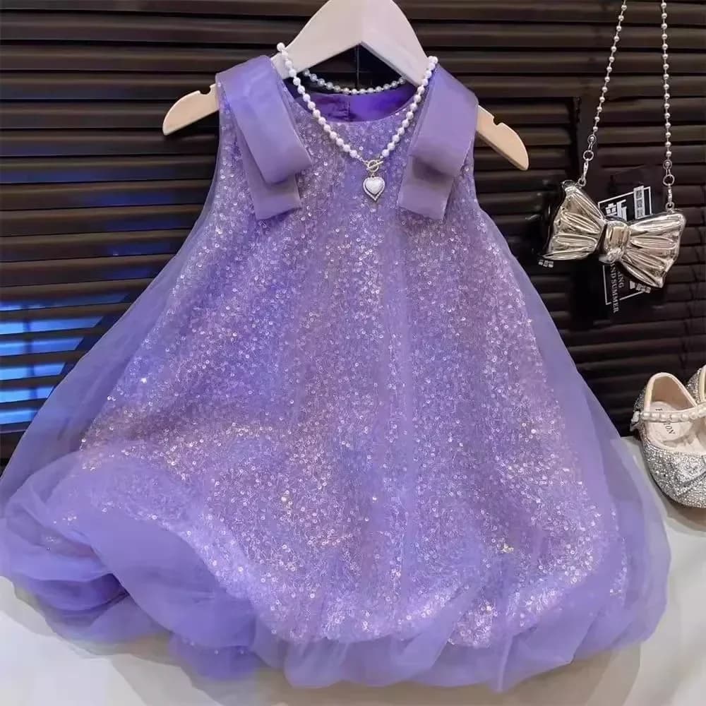 Robe d'été en dentelle à paillettes pour filles, tenue de princesse à bulles, avec nœud, Version cor