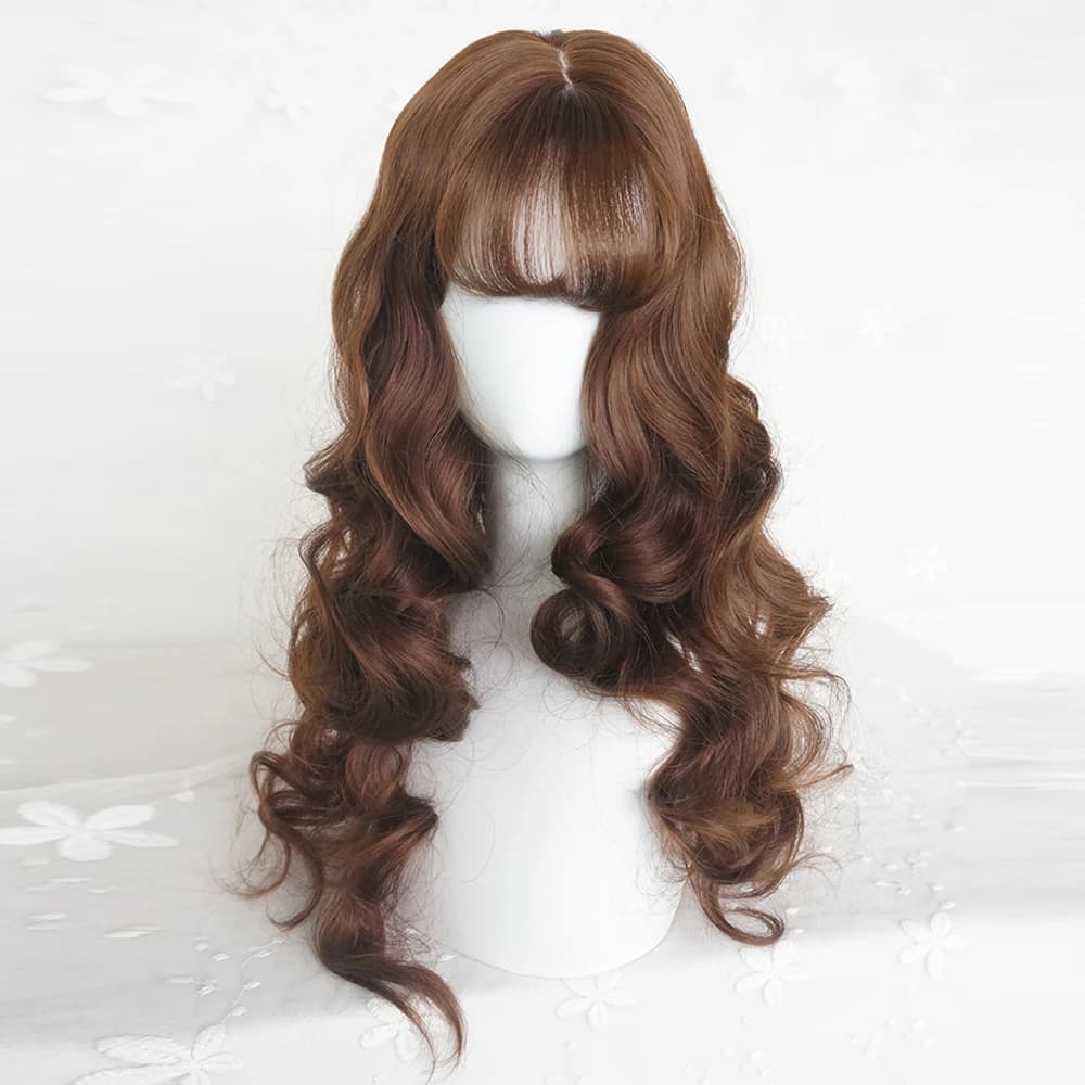 Perruque synthétique longue ondulée marron avec frange pour femmes, perruque de Cosplay Lolita moell