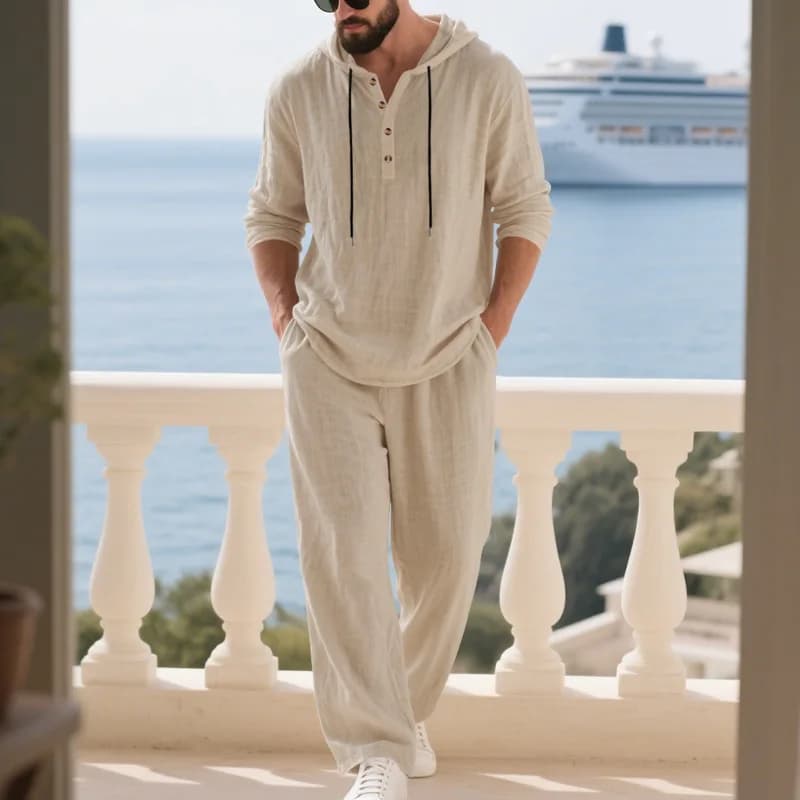 Costume décontracté en lin pour hommes, chemise Henley ample à capuche, pantalon à manches longues, 