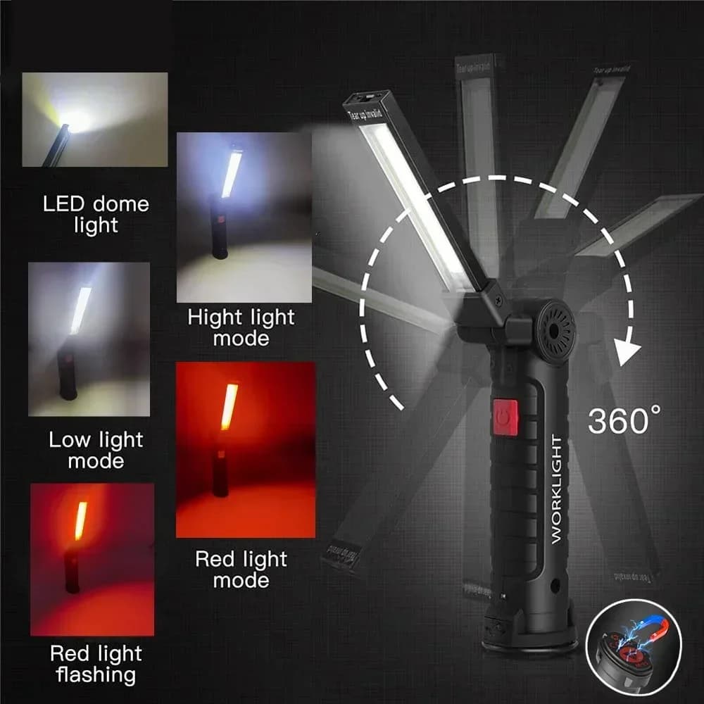 Lampe de travail LED COB à intensité variable, Rechargeable par USB, lampe d'inspection avec aimant 