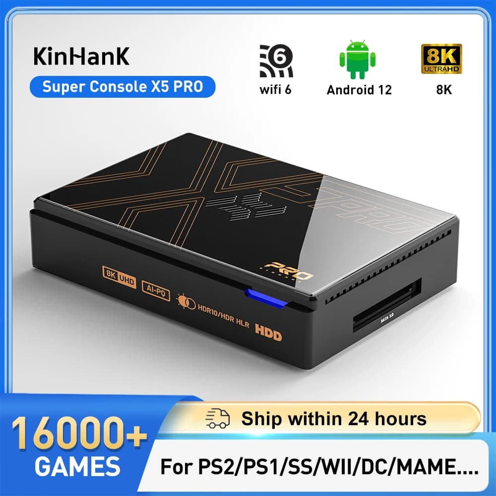 Kinhank Consoles de jeux vidéo rétro Super Console X5 PRO Plug and Play 4T avec 16000 jeux pour PS2/