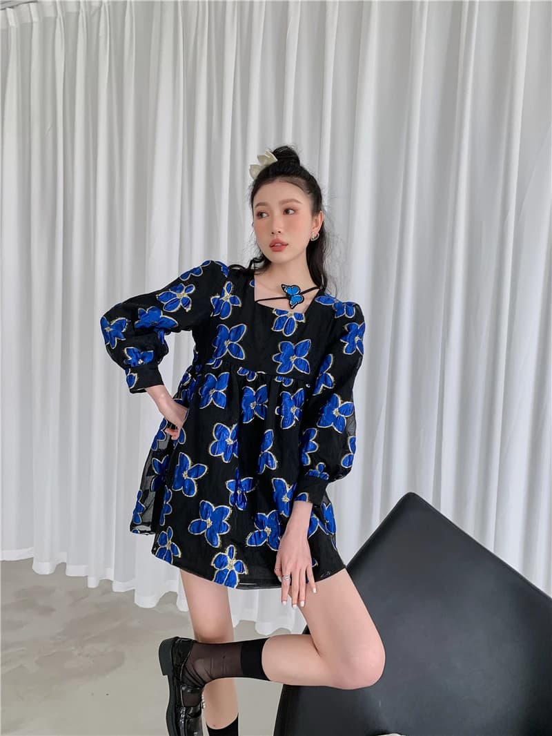 CHEERART – robe de fée en Organza bleu Royal, Jacquard, manches bouffantes, motif Floral, manches lo