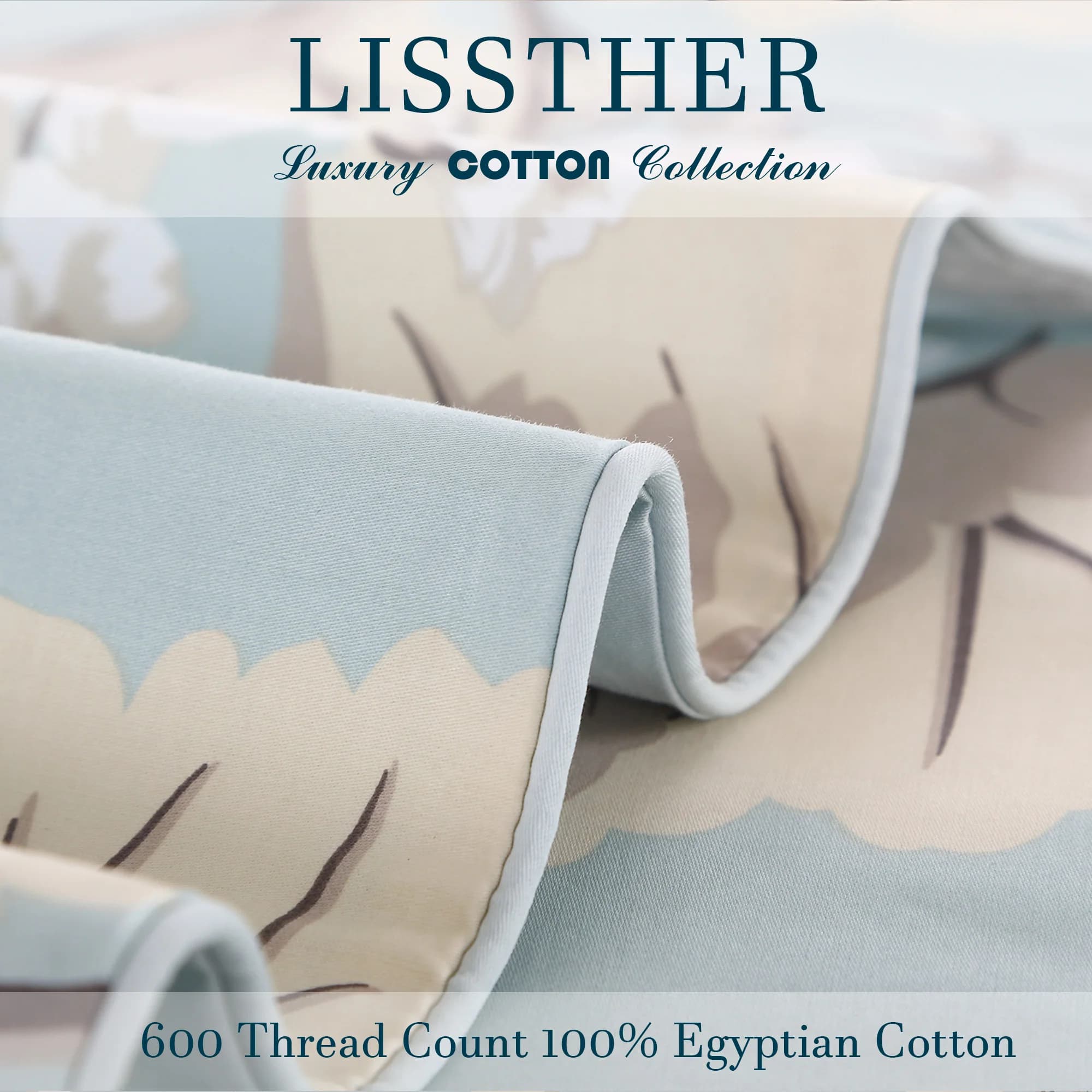 Ensemble de housse de couette 3 pièces 600TC 100% coton égyptien, feuilles de luxe bleues florales, 