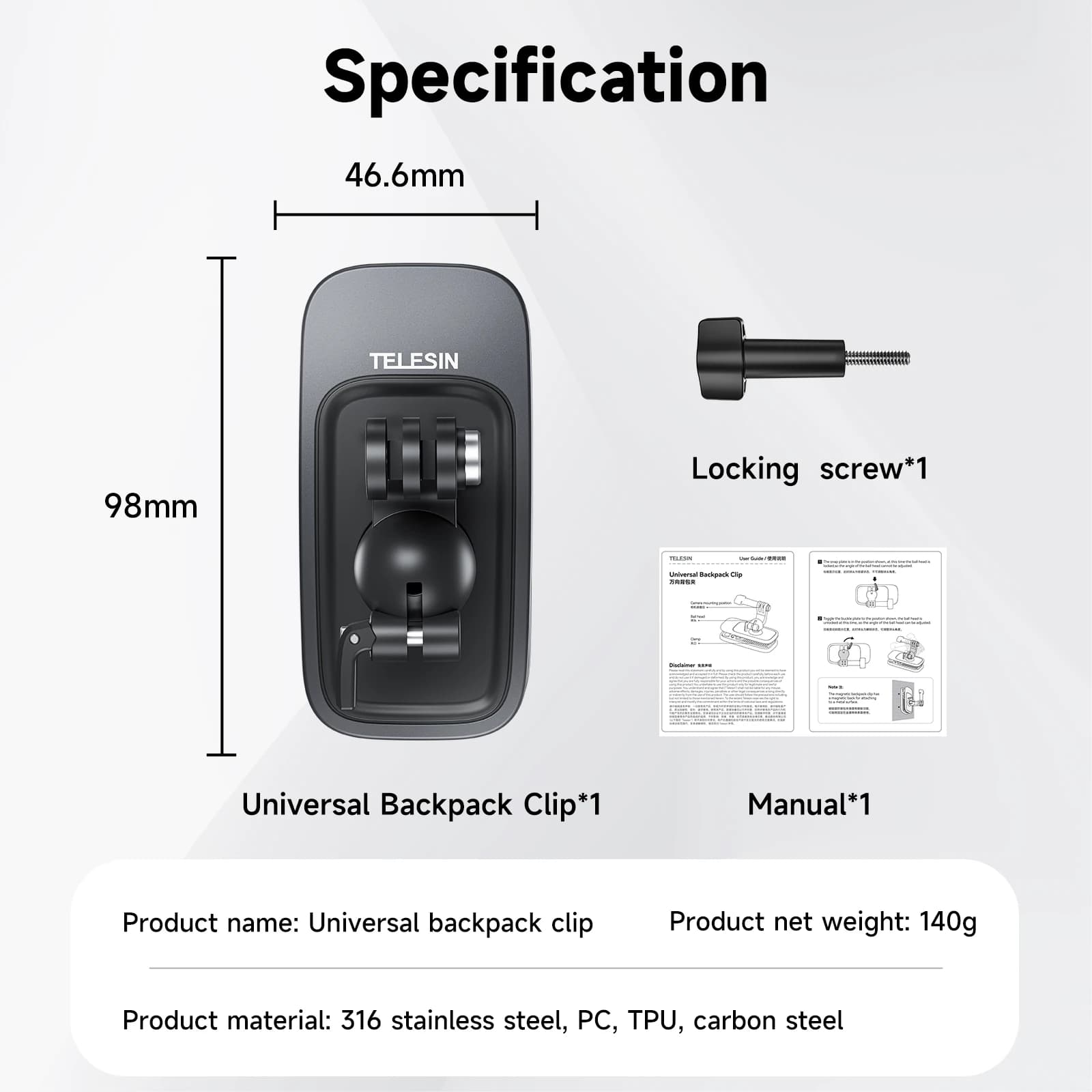 TELESIN 360 °   Support de pince à dos magnétique rotatif pour GoPro Hero 13 12 11 10 9 8 7 Insta360