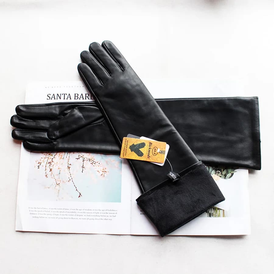 Gants longs en cuir pour femmes, couleur mouton, Section fine sur le coude, doublure longue en velou