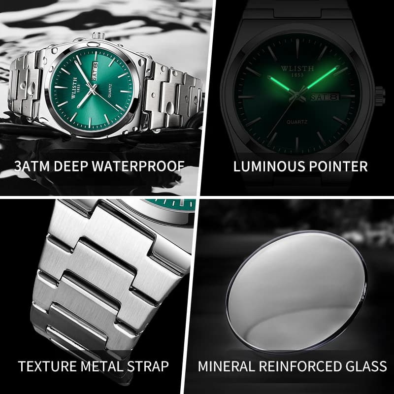 Homme montre montre à Quartz de luxe étanche lumineux Date semaine en acier inoxydable montre pour h
