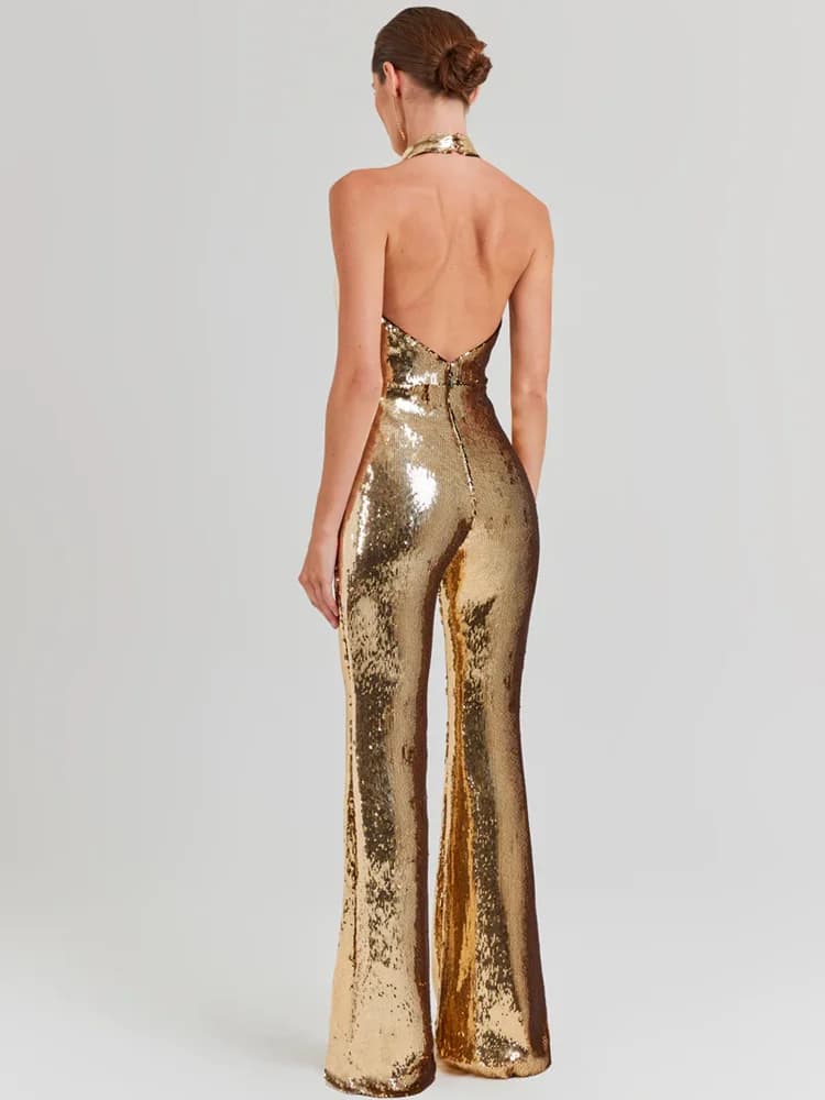 VC-Combinaisons dos nu à paillettes dorées pour femmes, vêtements féminins une pièce, design de luxe