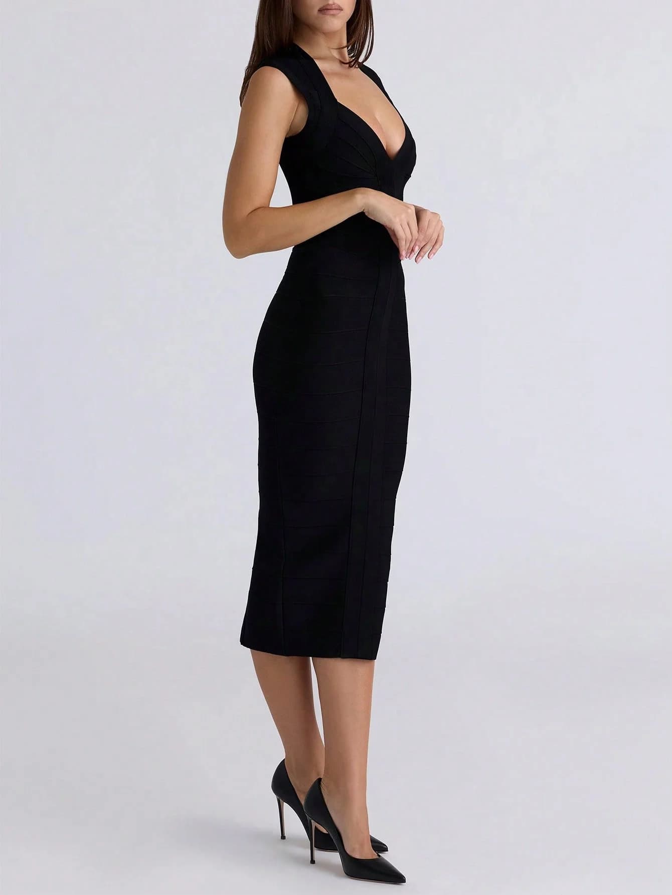Robe Midi Bandage Noire Icon pour Femme, Robe Moulante à Manches Courtes, Robe de Cocktail Élégante 