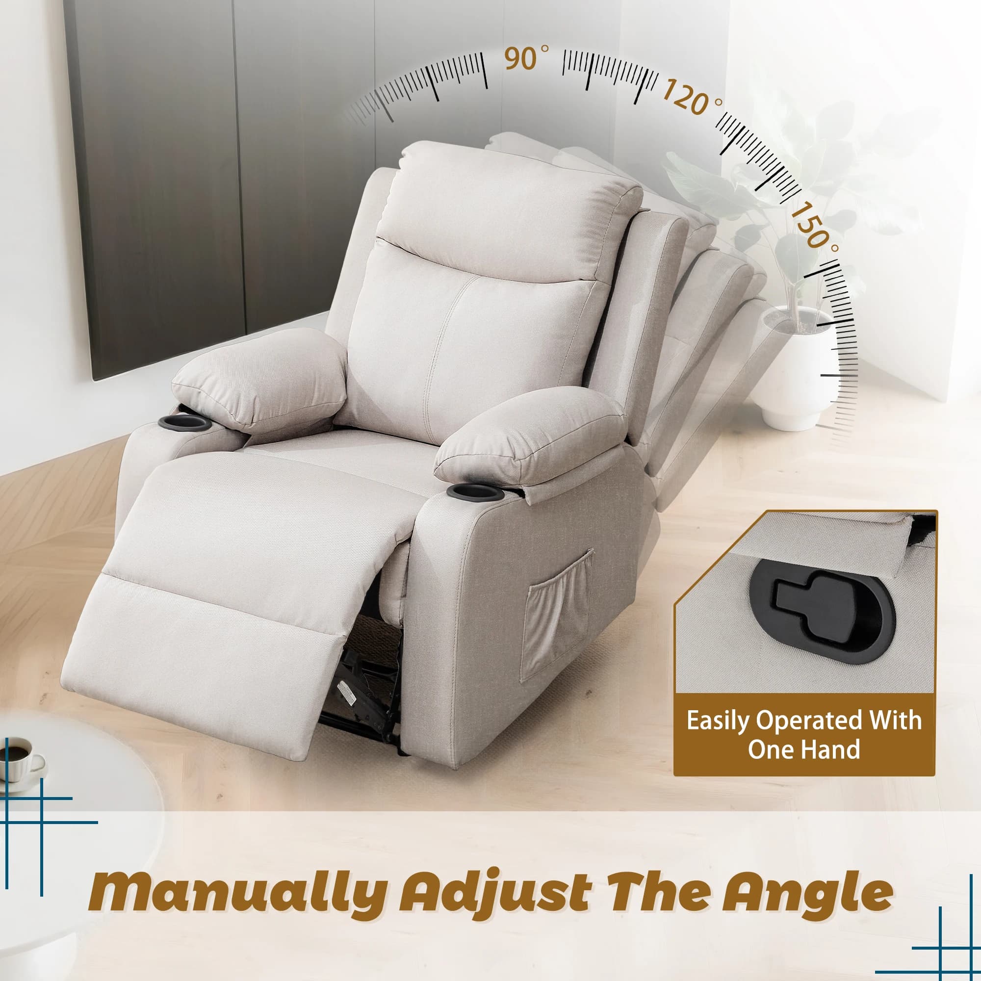 Korser Petites fauteuils inclinables pour petits espaces, chaise inclinable manuelle avec porte-gobe