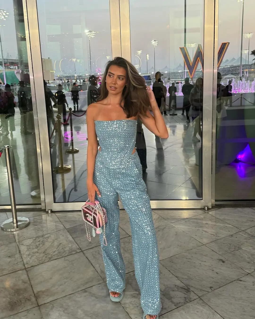 Ensemble en Denim à paillettes pour femmes, tunique sans bretelles, haut court à la taille et pantal