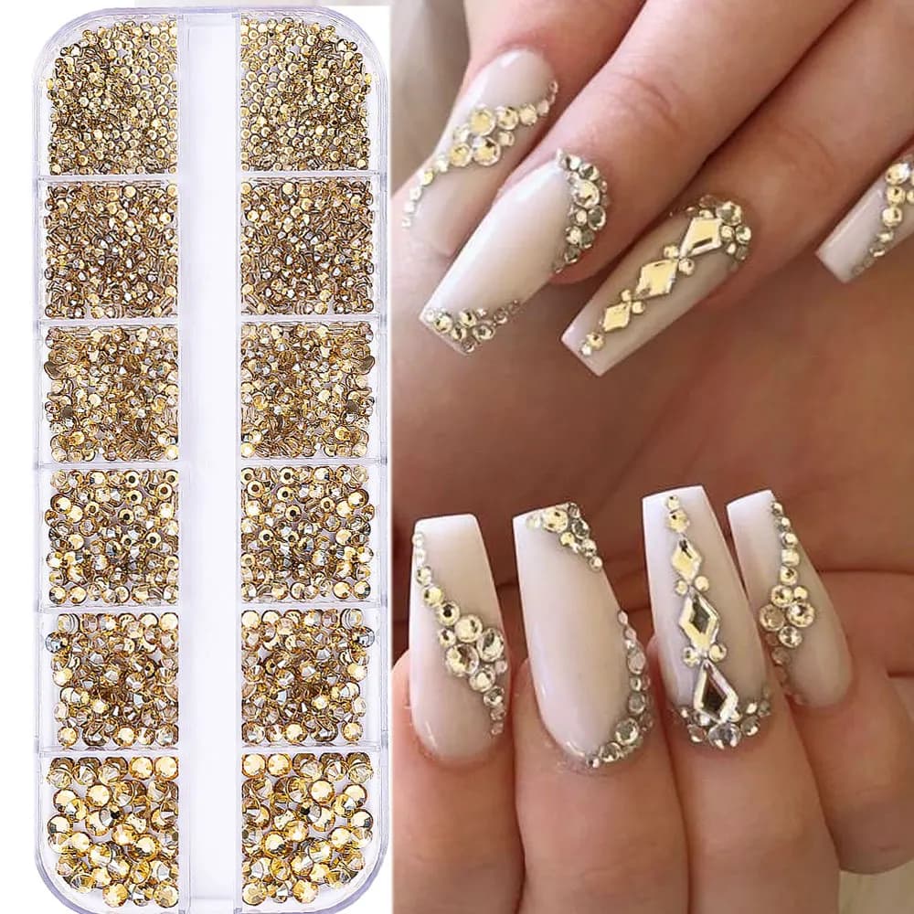 1.5mm-5mm Champagne verre cristal Nail Art gemmes 12 grilles Flatback SS4-SS16 mixte Nail Art strass