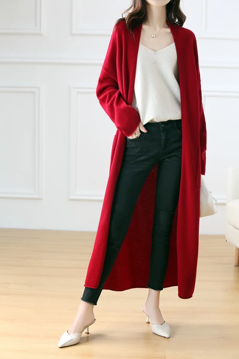 Cardigan en laine à col en V pour femme, pull 100% laine, monochromatique, mode féminine, long, tric