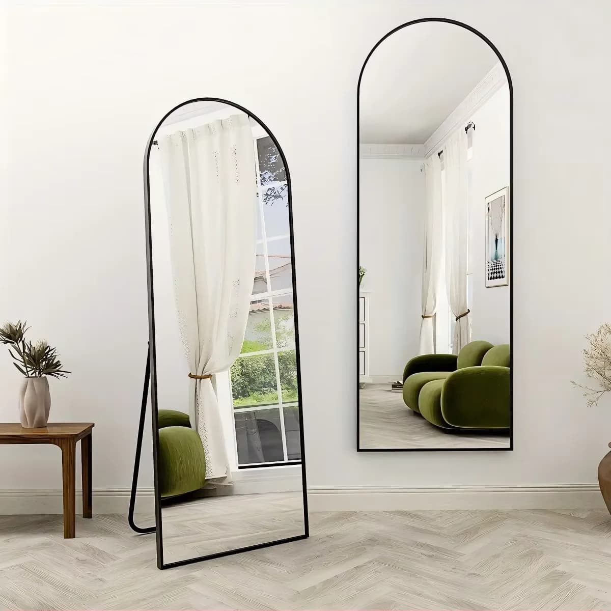 Miroir arqué pleine longueur, miroir de sol en arc avec support, miroir mural, miroir de face, dessu