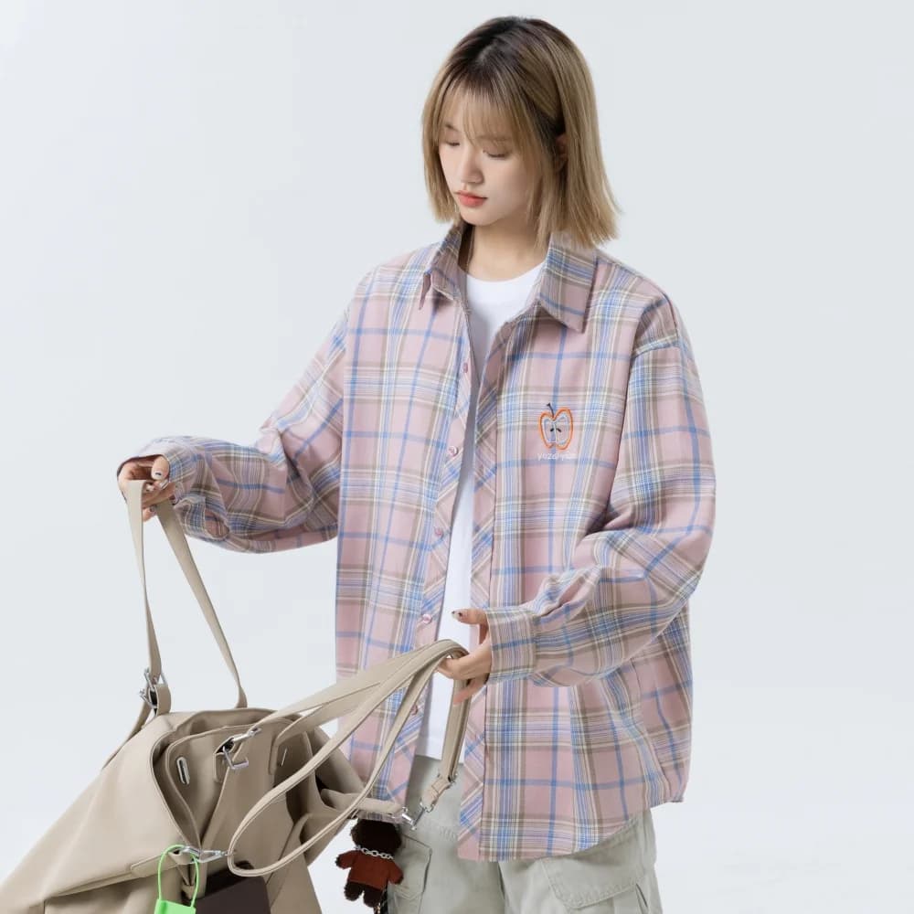 Chemisier à carreaux oversize pour femme avec broderie pomme – Blouses et chemises décontractées ten