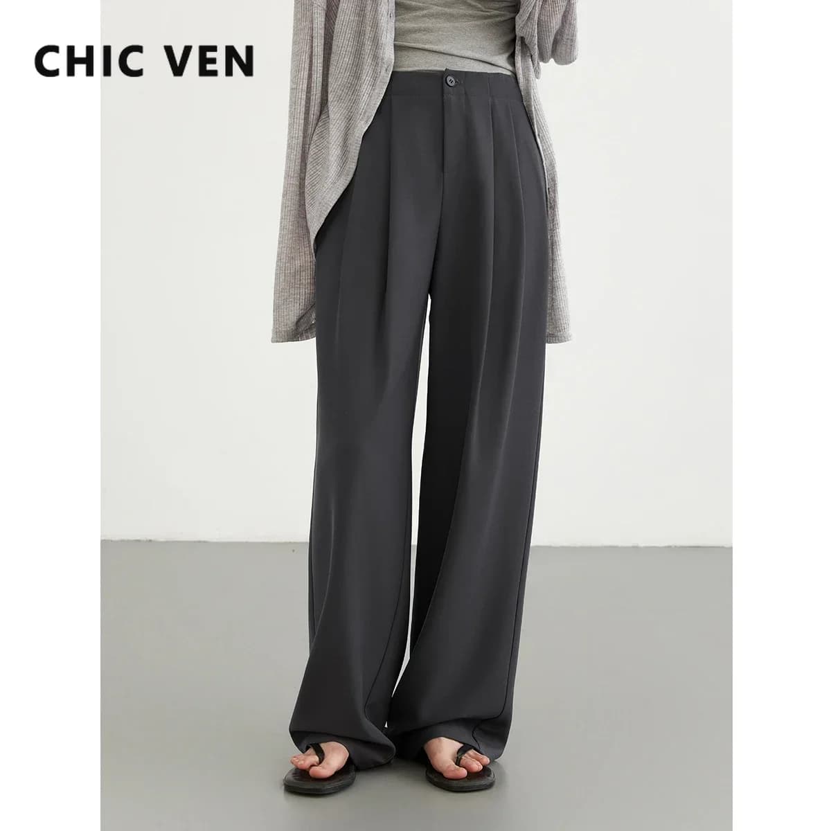 CHIC VEN femmes pantalons nouveau décontracté taille haute femme pantalon plissé tombant jambe large