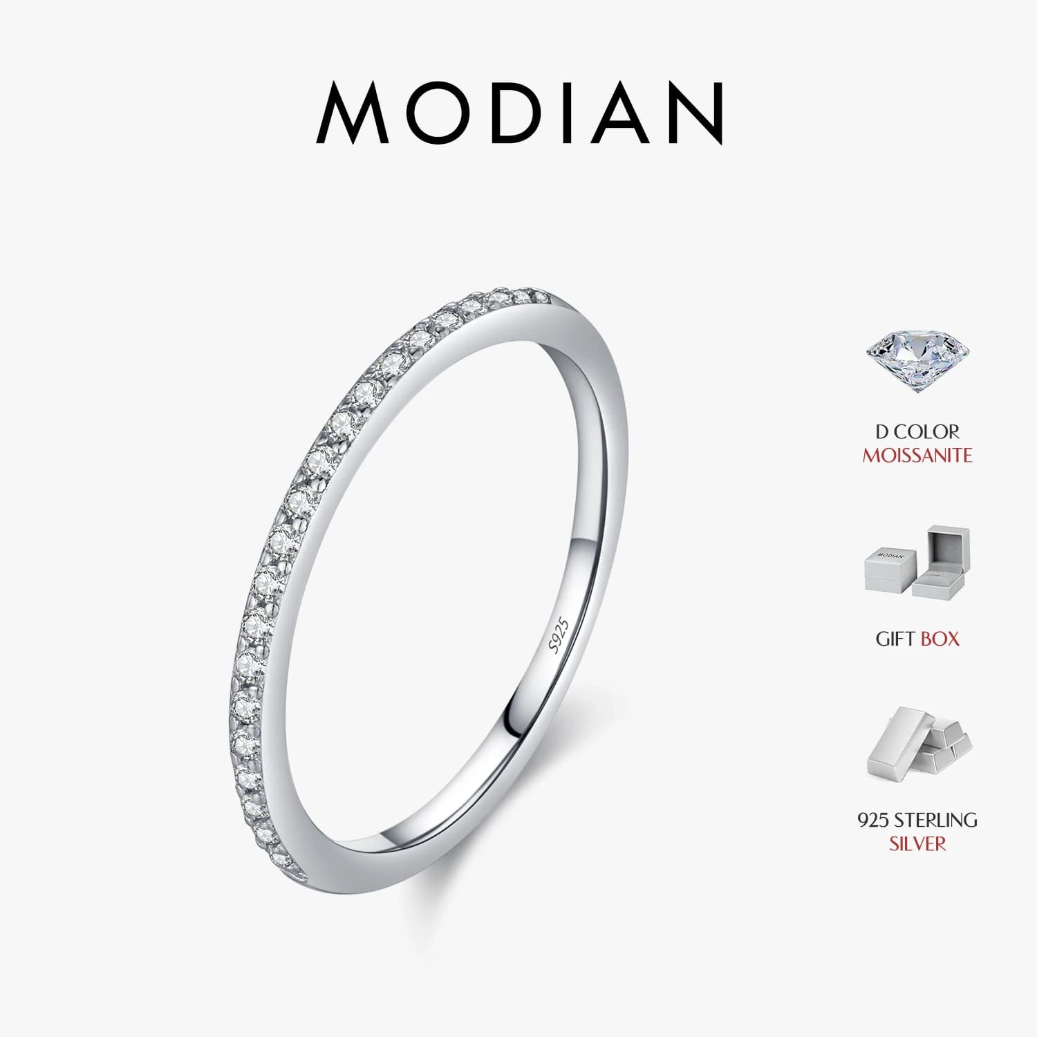 MODIAN Simple éternité Moissanite bague 925 en argent Sterling scintillant Simple mince anneaux de m