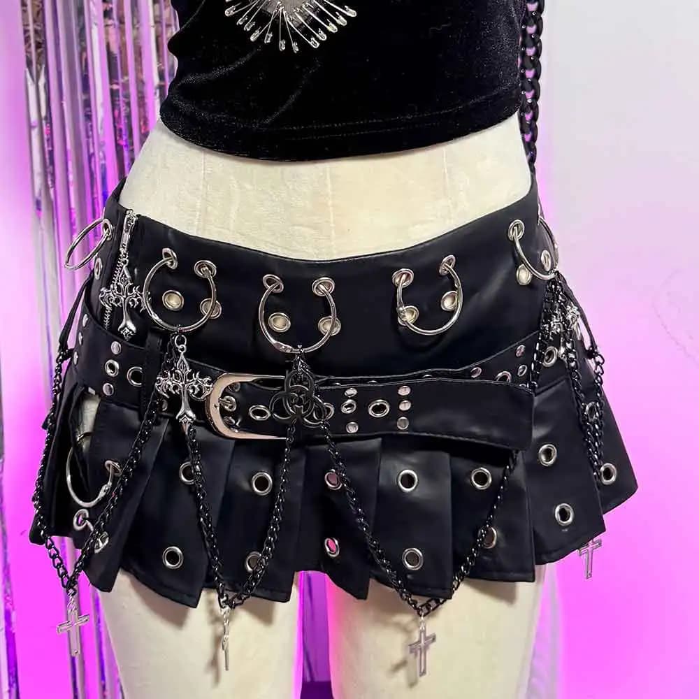 Mini-jupe gothique emo en cuir PU pour adolescentes, style grunge, punk rock, festival, rave, Y2K, v