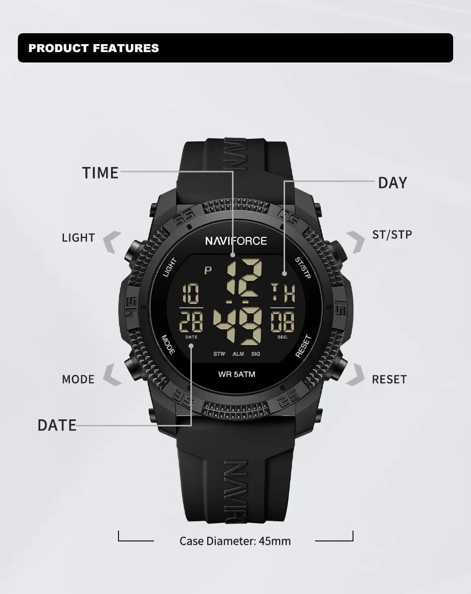 NAVIFORCE NF7104 Montre électronique numérique LCD décontractée avec alarme de date et de semaine po
