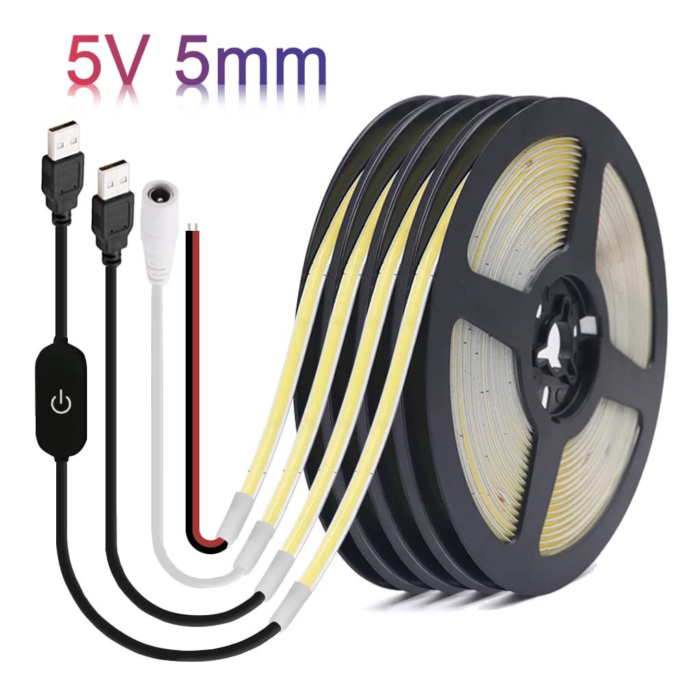 Bande lumineuse LED COB 5mm, 5V, USB, éclairage linéaire haute densité, 320Led/m, Flexible, variable