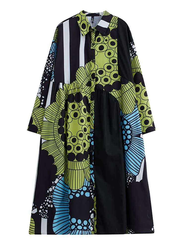Robes chemises à manches longues à imprimé vintage pour femmes, nouvelle robe midi décontractée ampl