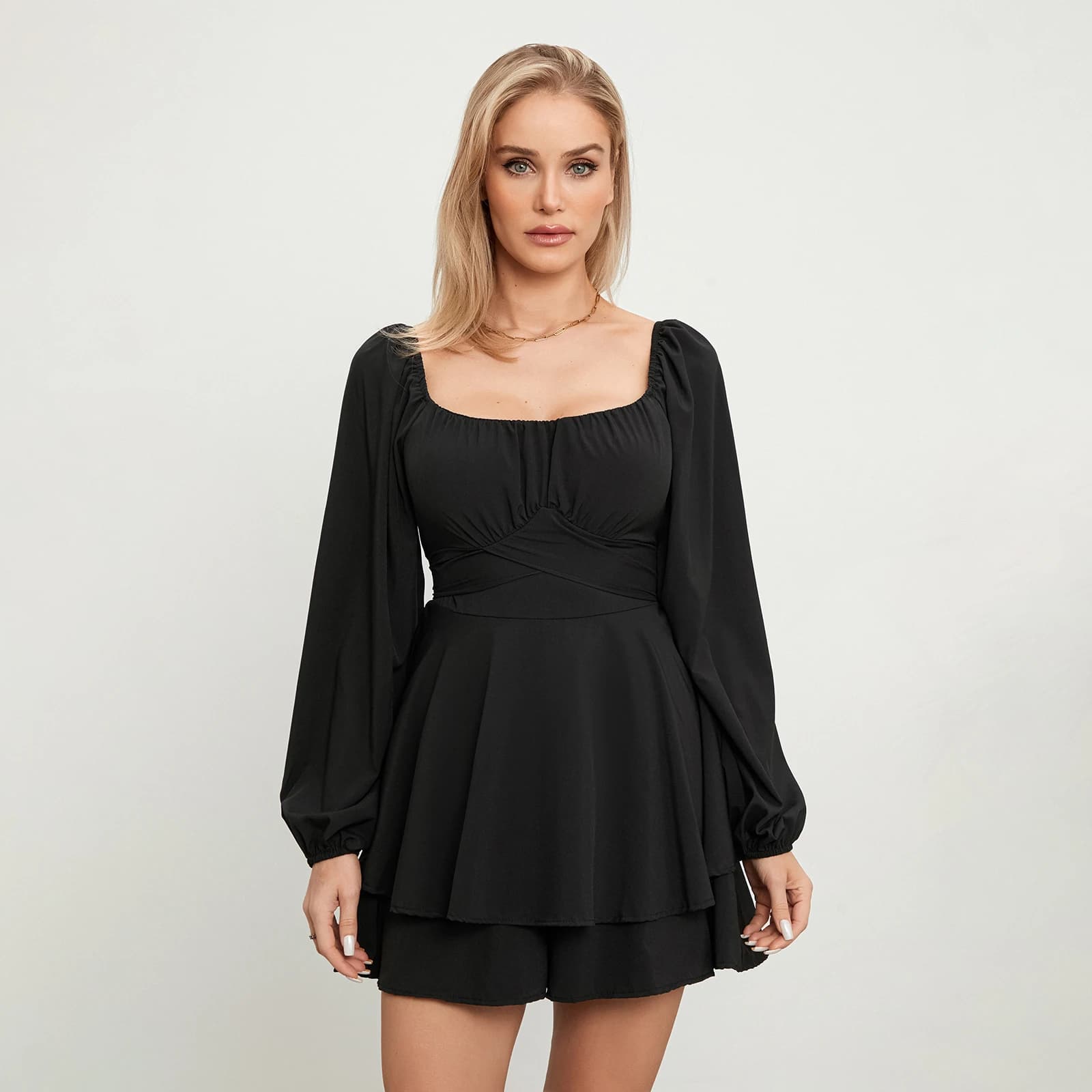 Combishort froncé à volants pour femme, manches longues lanterne, col carré, printemps, été