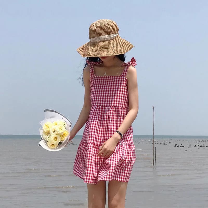 Robe à carreaux en fibre pour femmes, ceinture, design tout-assressenti, ligne A, robes de plage, mo
