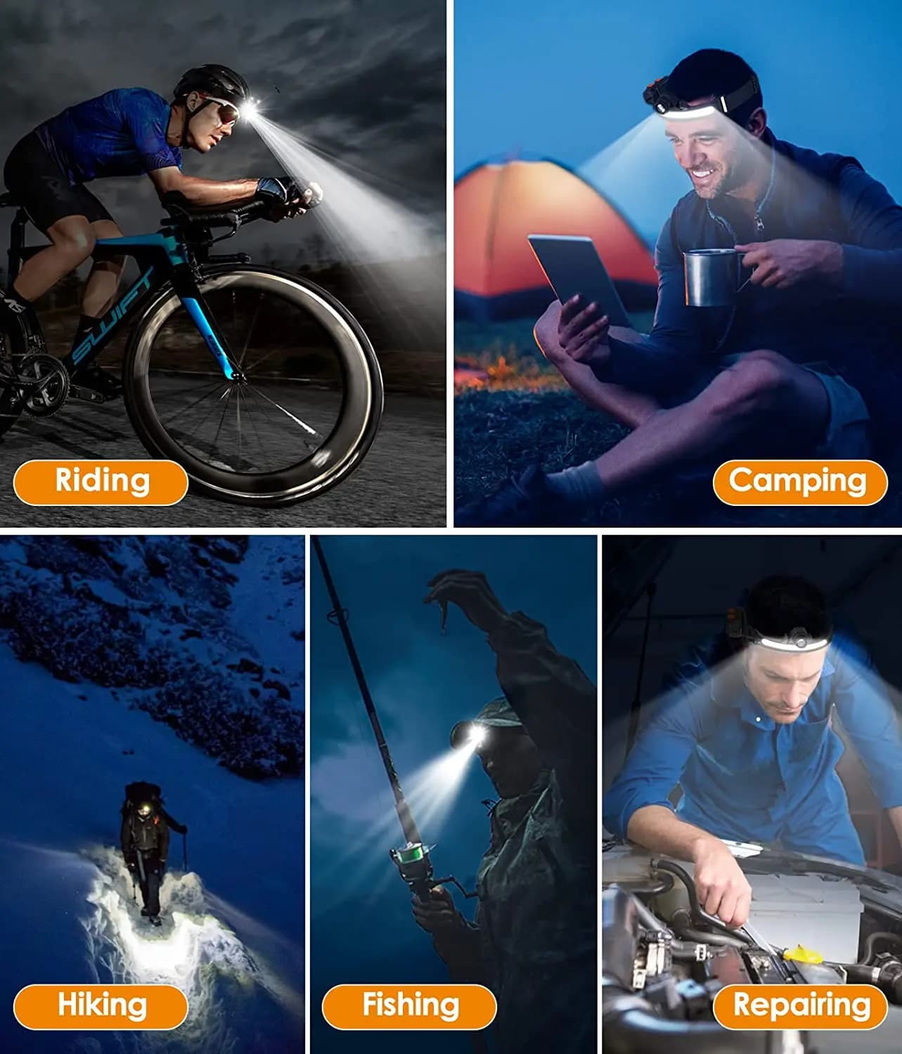 Lampe frontale LED à capteur d'onde, puissante lampe frontale XPG + COB avec batterie 18650 intégrée