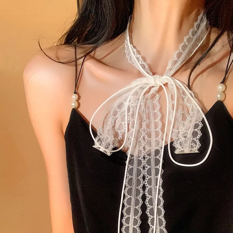 Mode coréenne douce dentelle écharpe nœud papillon cravates femmes été mince maille fleur longue pet