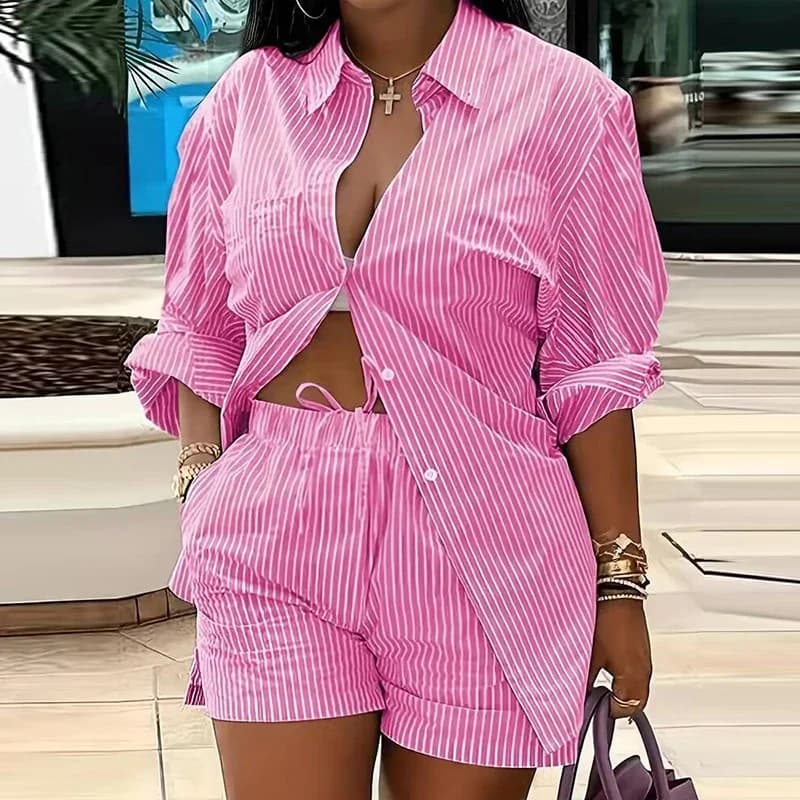 Chemisier et short à boutons et col rabattu pour femmes, tenue Sexy, imprimé rayé, costume deux pièc