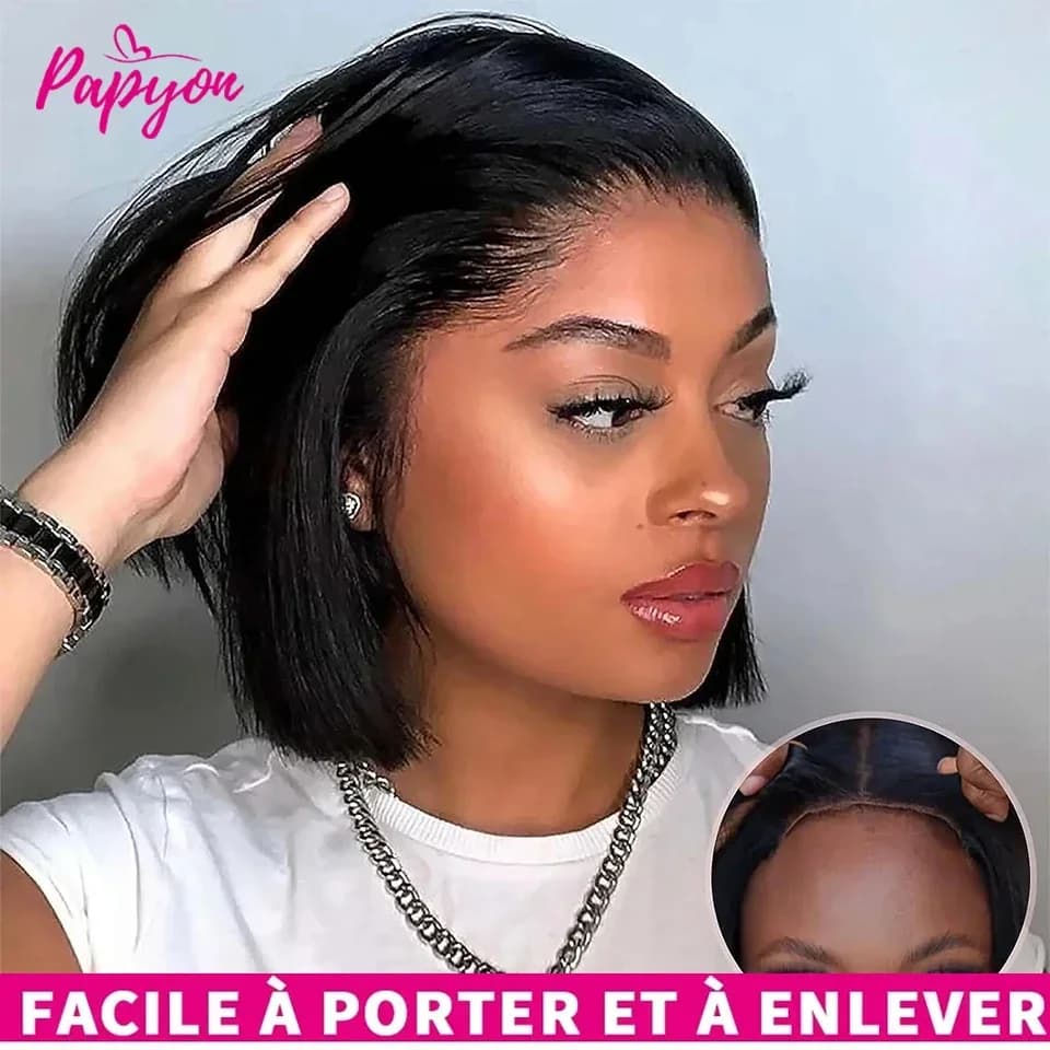 Perruques courtes bob lisses sans colle, prêtes à porter, en cheveux humains, pré-coupées, avec cord