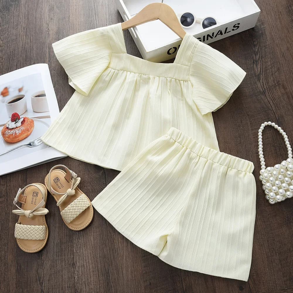 Costume pour enfants, Style vacances, couleur unie, broderie de fleurs, col carré, haut à manches co