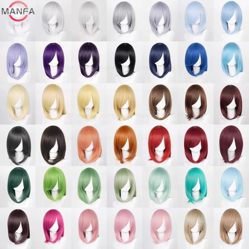 Perruque de Cosplay synthétique moyenne de base, 40cm, frange blonde, noire, blanche, rouge, rose, v