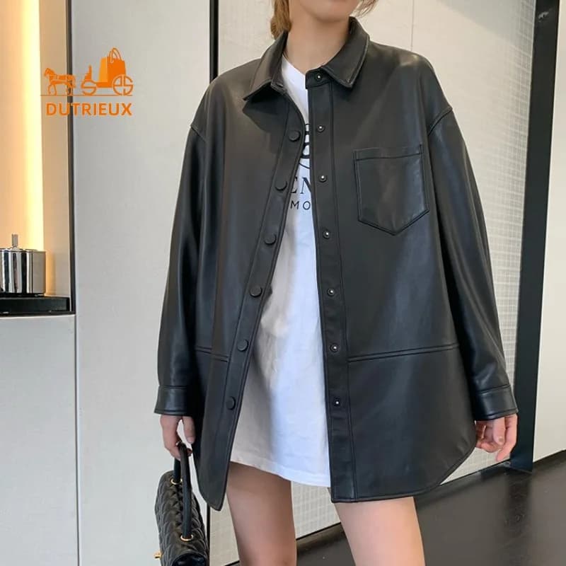 Veste en cuir véritable de style chemise mi-longue pour femme, manteau élégant et doux, 100% peau de