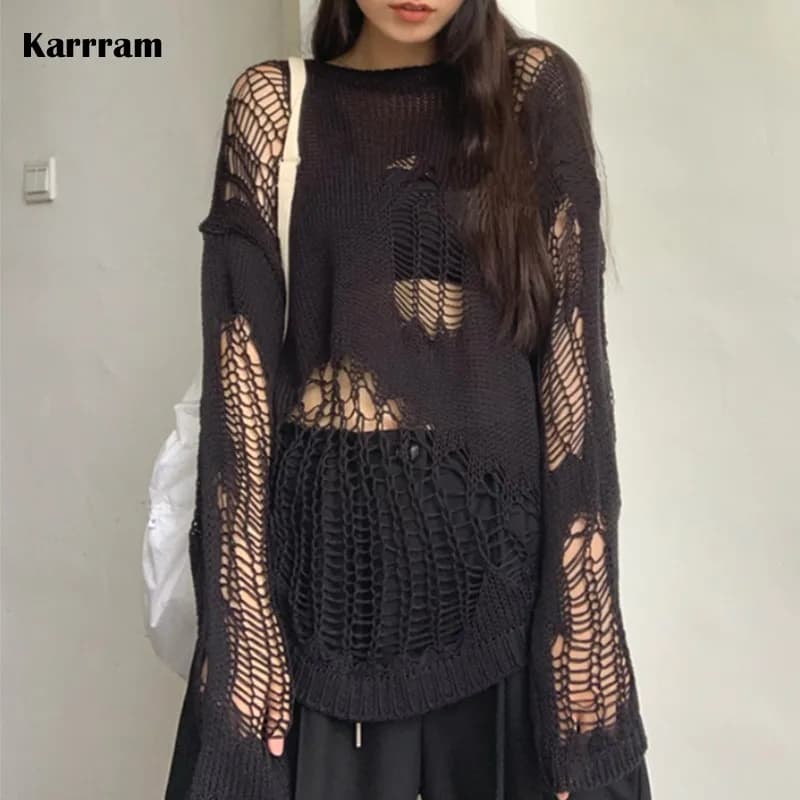 Karrram – pull gothique ajouré, surdimensionné, transparent, Streetwear, vêtements Grunge Y2k, print