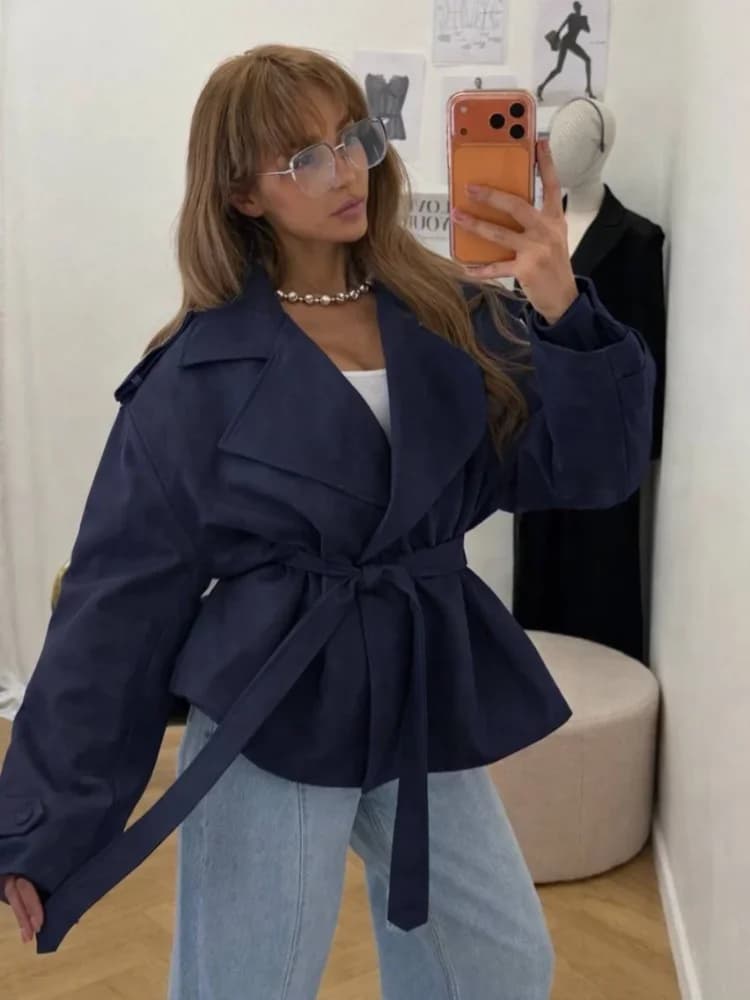 Dame couleur unie à lacets veste élégant Chic à manches longues revers bouton manteau ample automne 