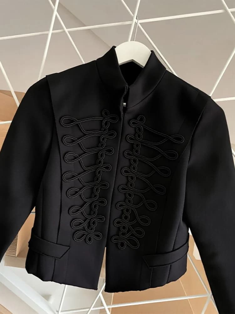 Veste Courte Napoléon Élégante pour Femme, Col Montant, Manches Longues, Coupe Slim, Manteau Noir, N