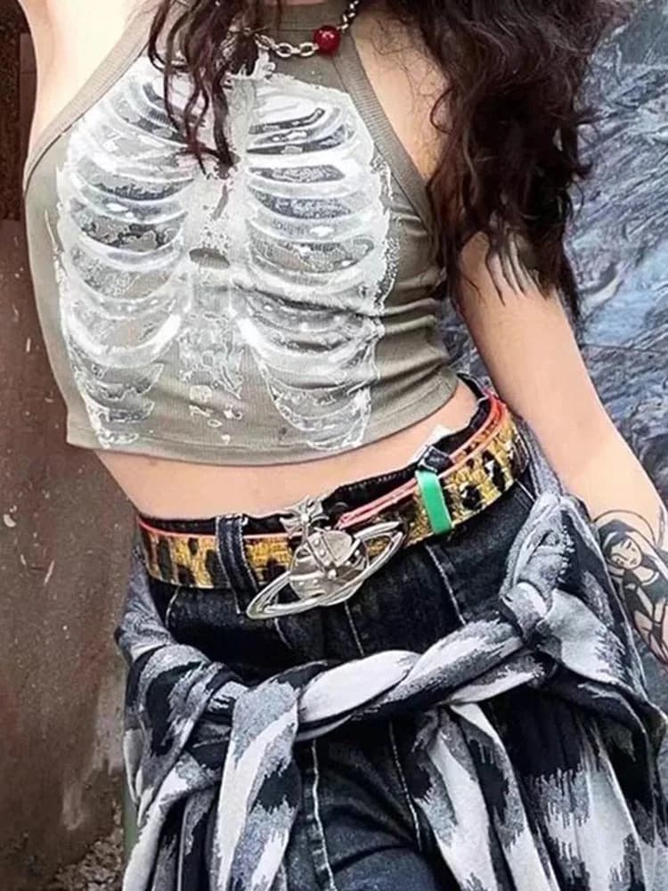 Punk Aesthetic Cyber Retro X-Ray Modules for Women, Rib Print, FibroArmyGreen Crop Top, Designer Clo