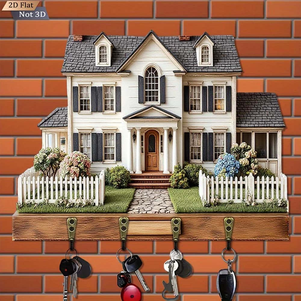 Porte-clés mural 2D plat, 1 pièce, en forme de maison, en bois, multifonctionnel, avec quatre croche