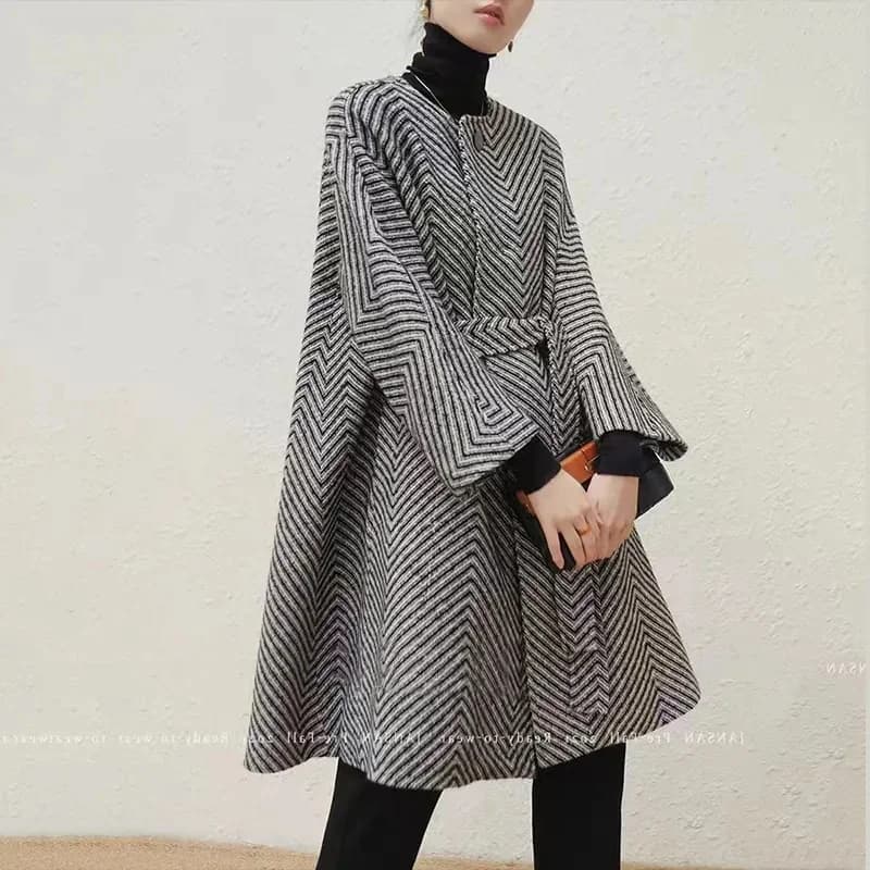 Manteau en laine feutrée haut de gamme pour femme, motif à chevrons, style Hepburn, niche, début du 