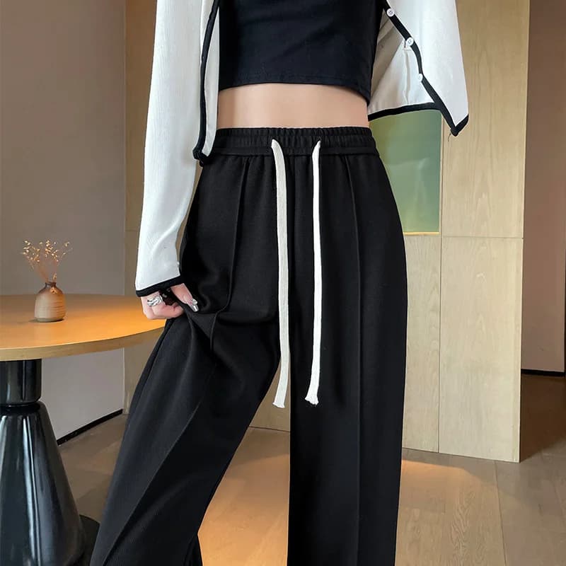 PELEDRESS-Pantalon Amincissant à Jambes Larges pour Femme, Ceinture Décorative, Noir et Gris, Style 