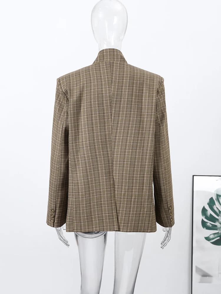 Nouveau Blazer Vintage à Carreaux pour Femme, Col Montant, Un Bouton, Poches, Veste de Costume Fémin