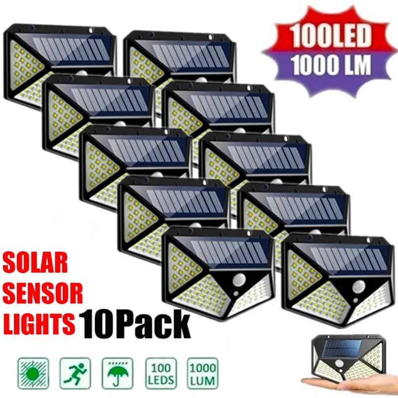 1/2/4/6/10 pièces 100 LED applique solaire 4 côtés lumineux avec capteur de mouvement extérieur jard