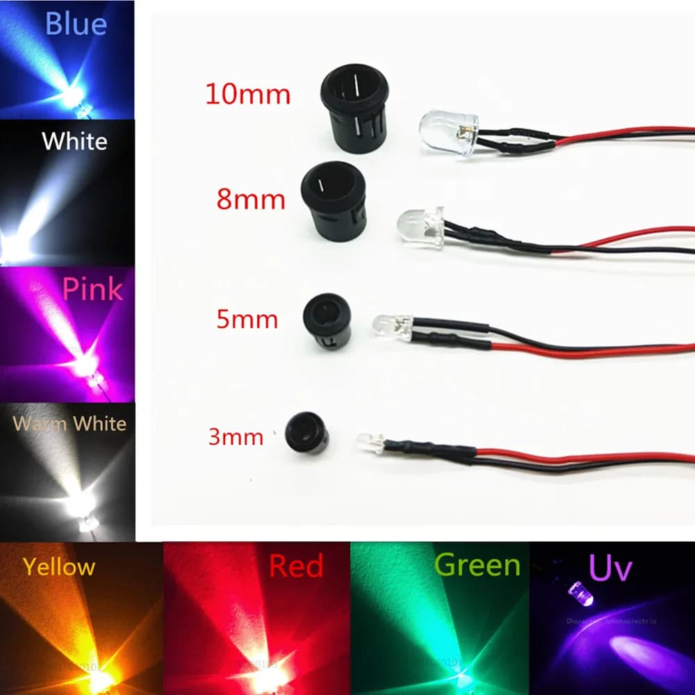Diodes LED transparentes DC3V 5V 12V 24V 3MM 5MM 10MM pour pré-câble rouge/vert/bleu/jaune/UV/Orange