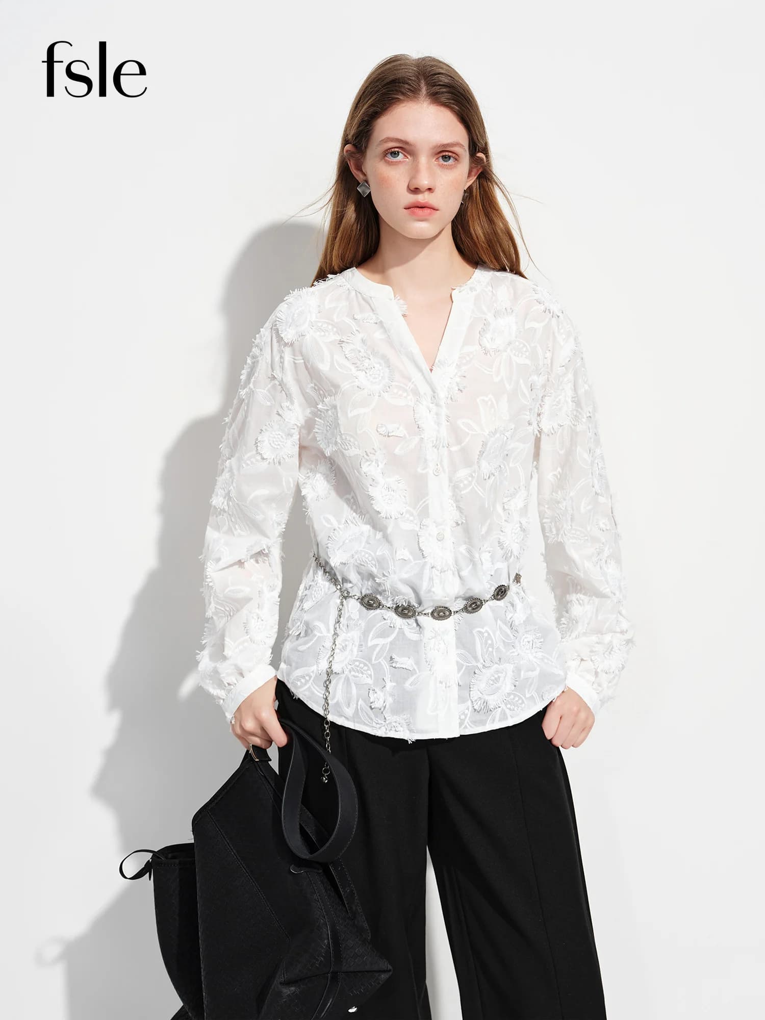 FSLE 2026 Nouvelle Blouse Femme Printemps-Été à Col Rond en Jacquard 3D, Chemise de Bureau à Manches