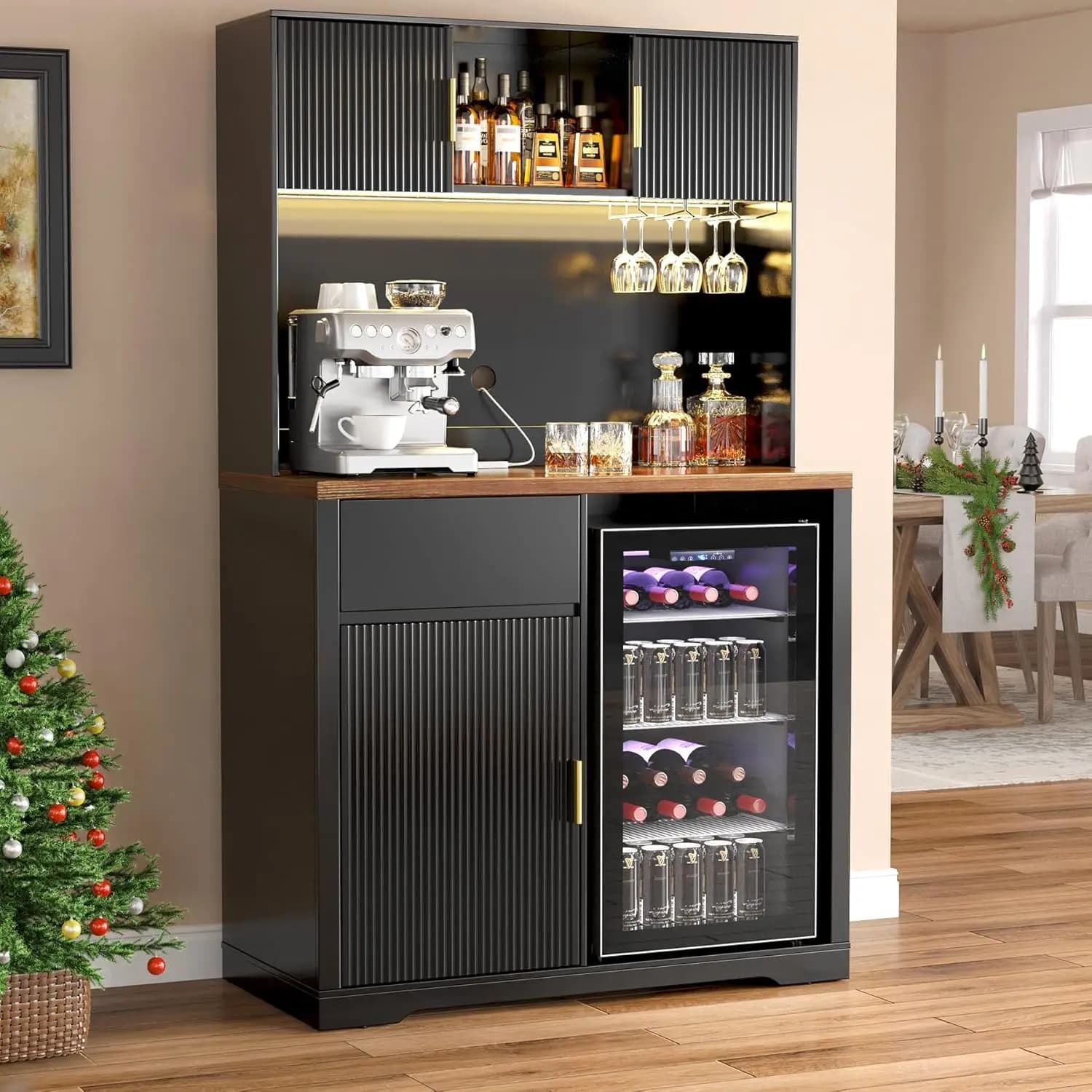 Armoire de bar haute de 72 pouces avec espace réfrigérateur, armoire à liqueur et à café à nervures 