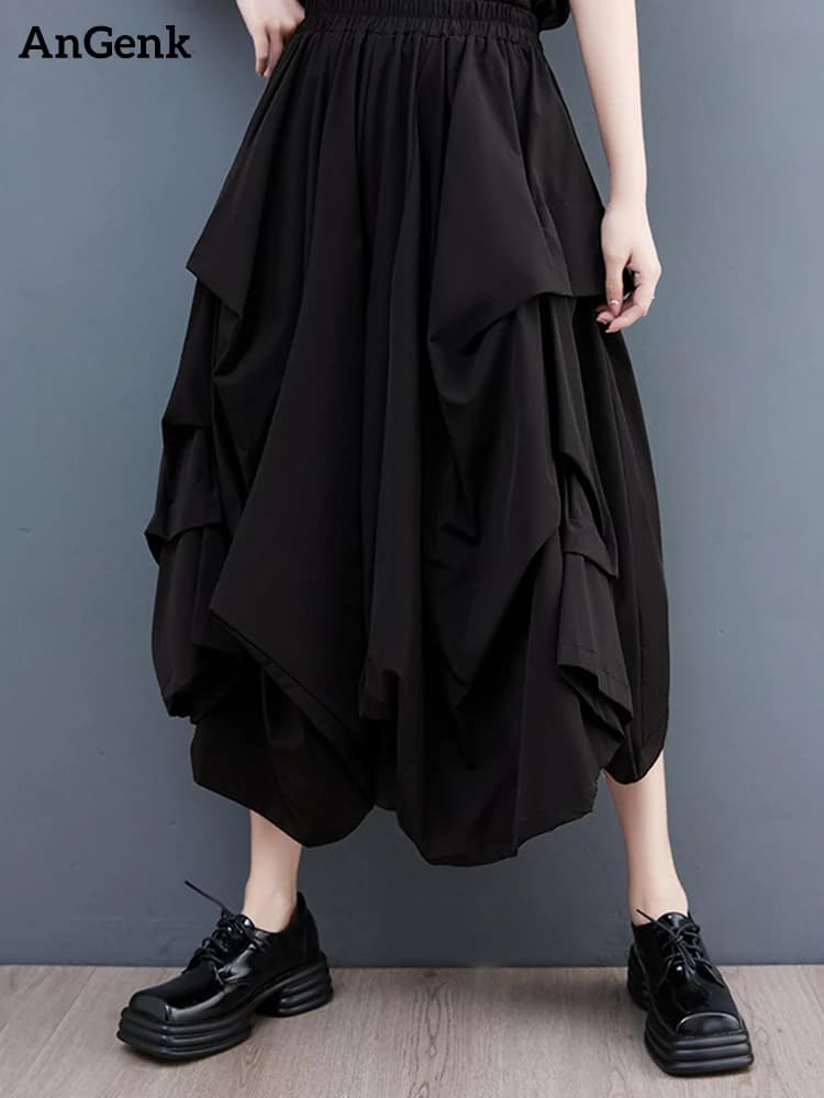 Pantalon à jambes larges drapé pour femme, taille haute élastique, noir, vintage, décontracté, poche