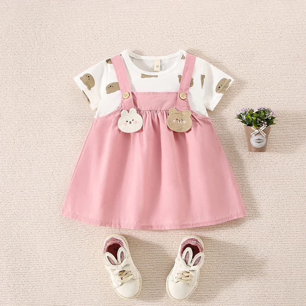 Robe d'été en coton pour petites filles, imprimé ours en peluche, manches courtes, fausse robe à bre