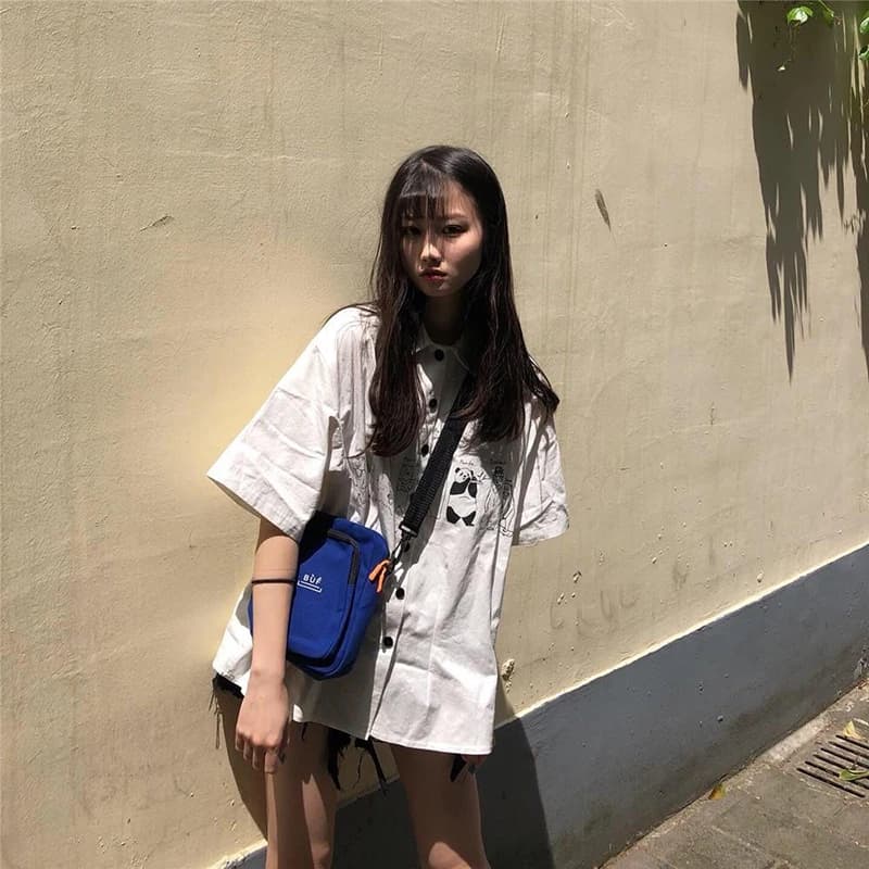 Chemise à Manches Courtes pour Femme, Streetwear, Imprimé de Dessin Animé, Mode Coréenne, Blanc, Été